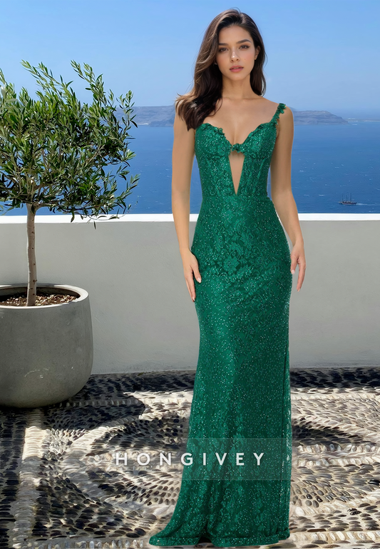 Straps Green Glitter Lace Applique Trumpet Floor-Length Formal Evening Dress