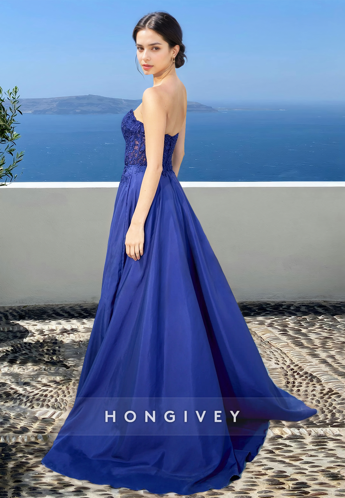 Strapless Royal Blue Applique A-Line Satin Formal Dress Prom Gown HONGIVEY