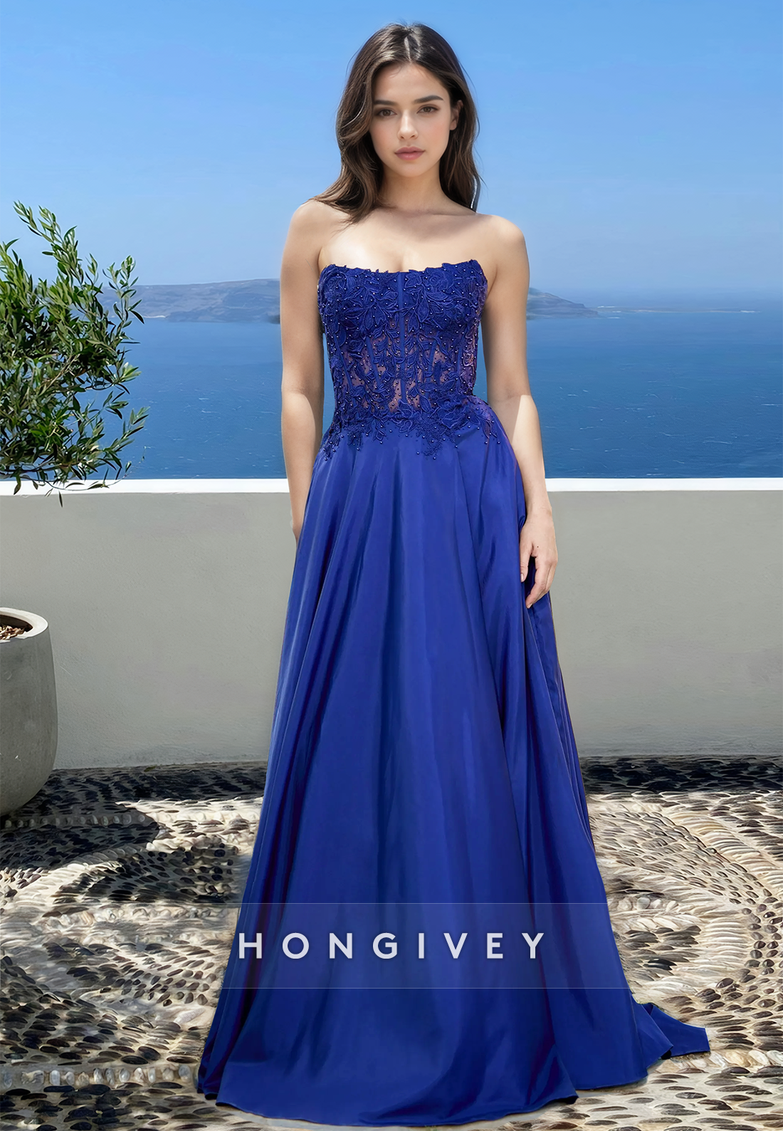 Strapless Royal Blue Applique A-Line Satin Formal Dress Prom Gown HONGIVEY