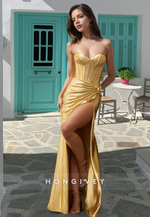 Sexy Gold Strapless Sheath Side Slit Satin Formal Evening Dress HONGIVEY