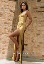 Sexy Gold Strapless Sheath Side Slit Satin Formal Evening Dress HONGIVEY