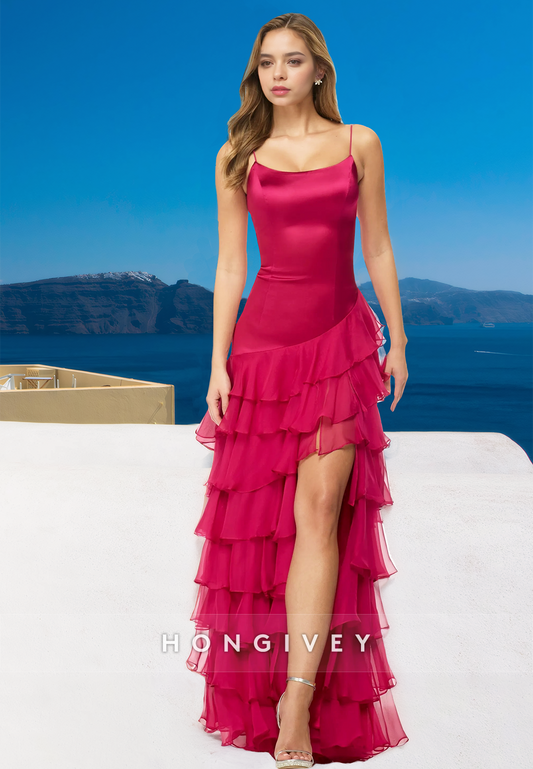 Red Tiered with Side Slit Formal Evening Dress Ball Gown HONGIVEY