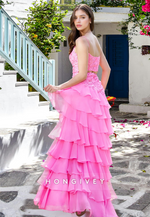 Chic Applique Straps Tiered Ruched Prom Gown Ball Gown HONGIVEY