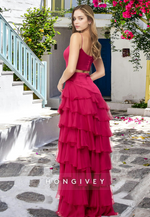 Red Tiered with Side Slit Formal Evening Dress Ball Gown HONGIVEY