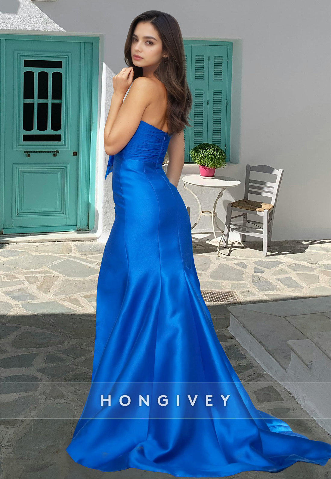 Strapless with Bow Royal Blue Satin Trumpet Formal Evening Dress Gown HONGIVEY