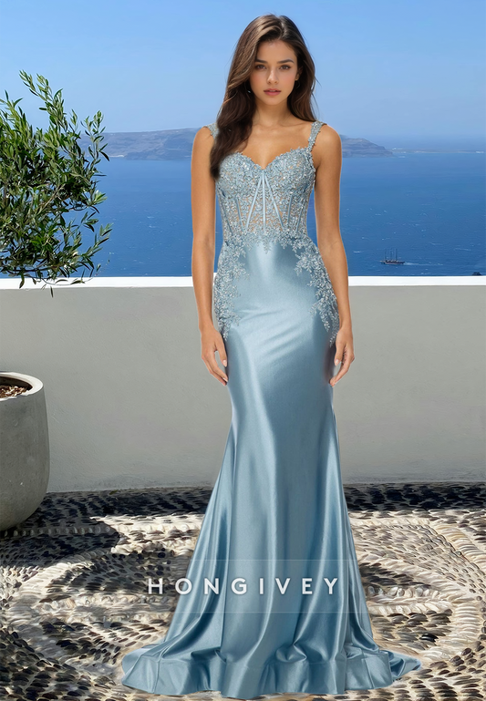 Sexy Straps Applique Satin Trumpet Formal Evening Dress Party Gown