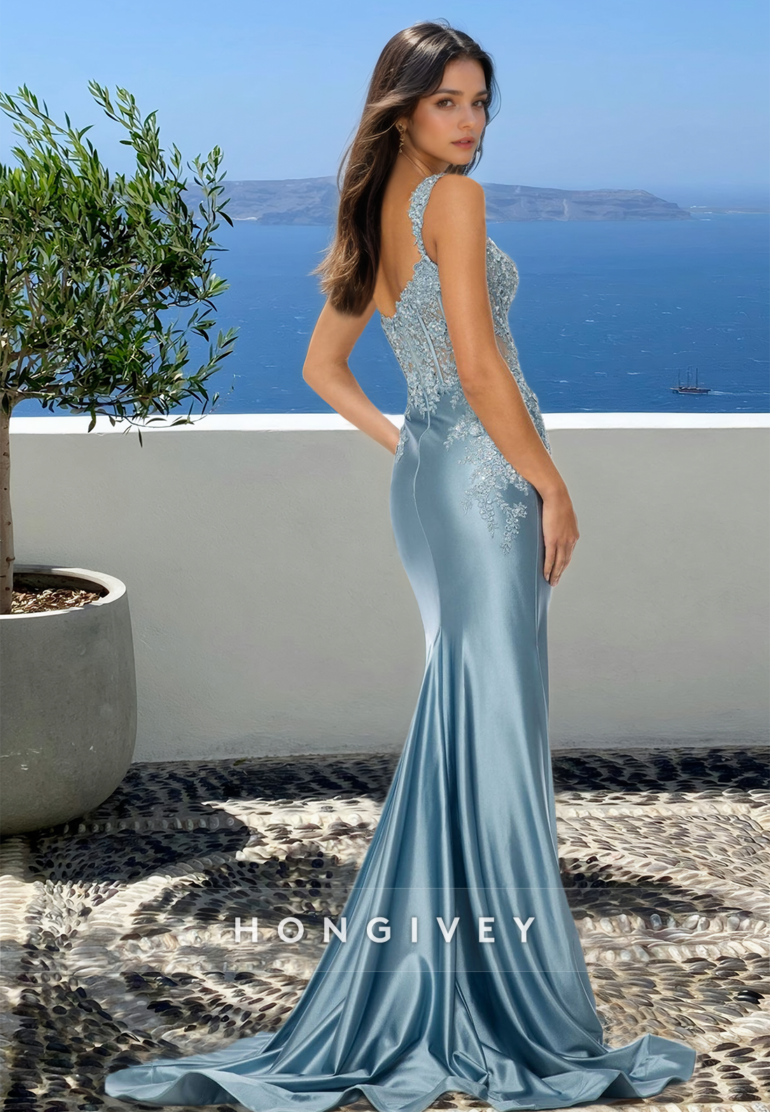 Sexy Straps Applique Satin Trumpet Formal Evening Dress Party Gown