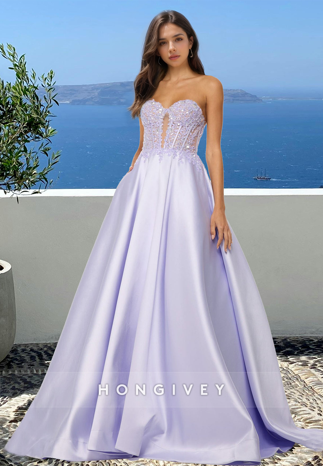 Lilac Sweetheart Strapless Applique A-Line Satin Formal Prom Dress Ball Gown