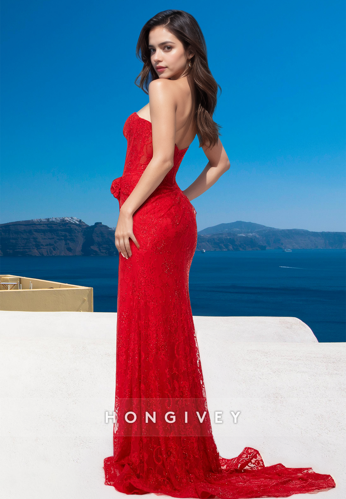 Sexy Red Lace Applique Side Slit Floor-Length Formal Evening Dress HONGIVEY