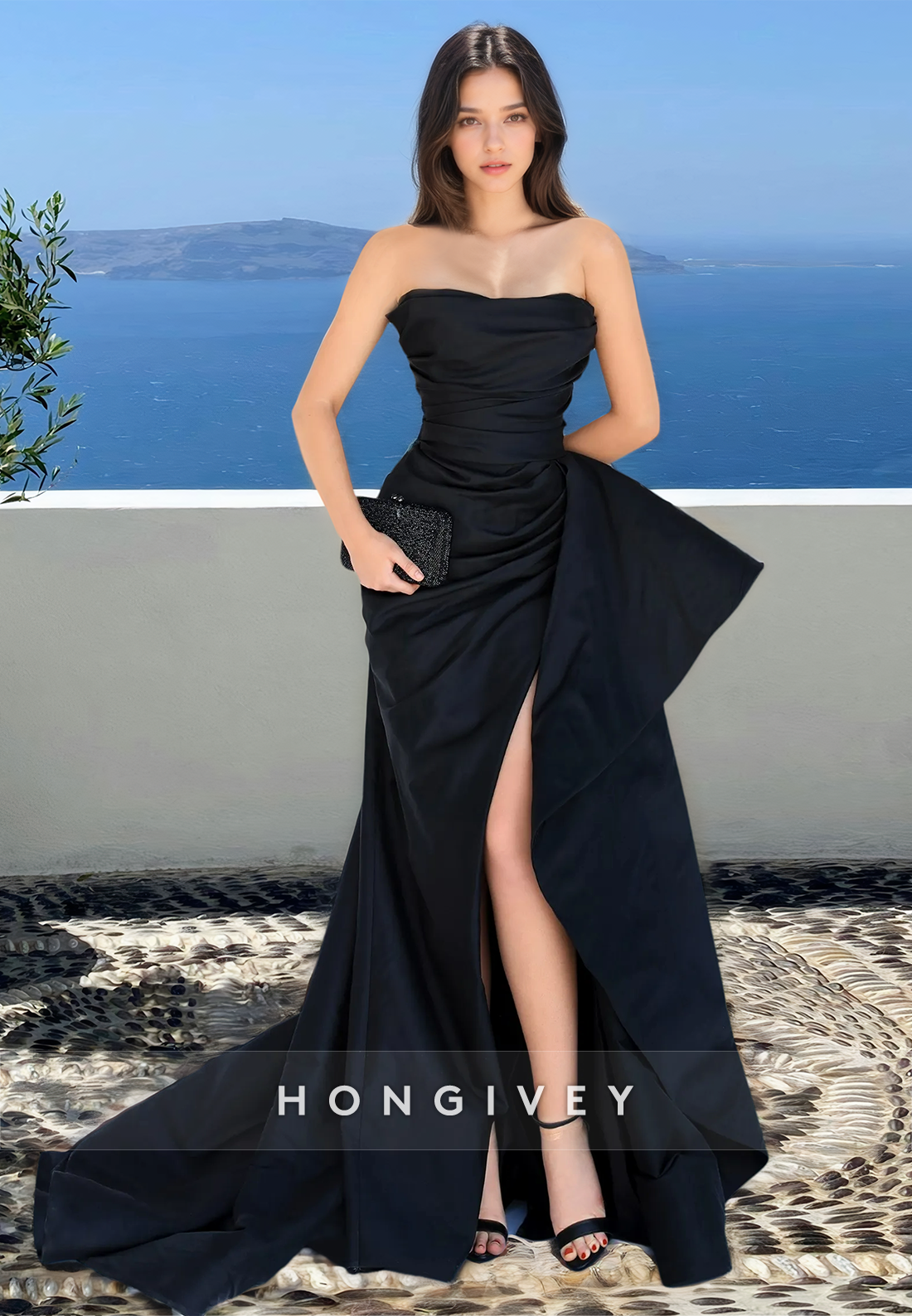 Black Strapless Evening Dress Asymmetrical Slit A-Line Formal Gown HONGIVEY