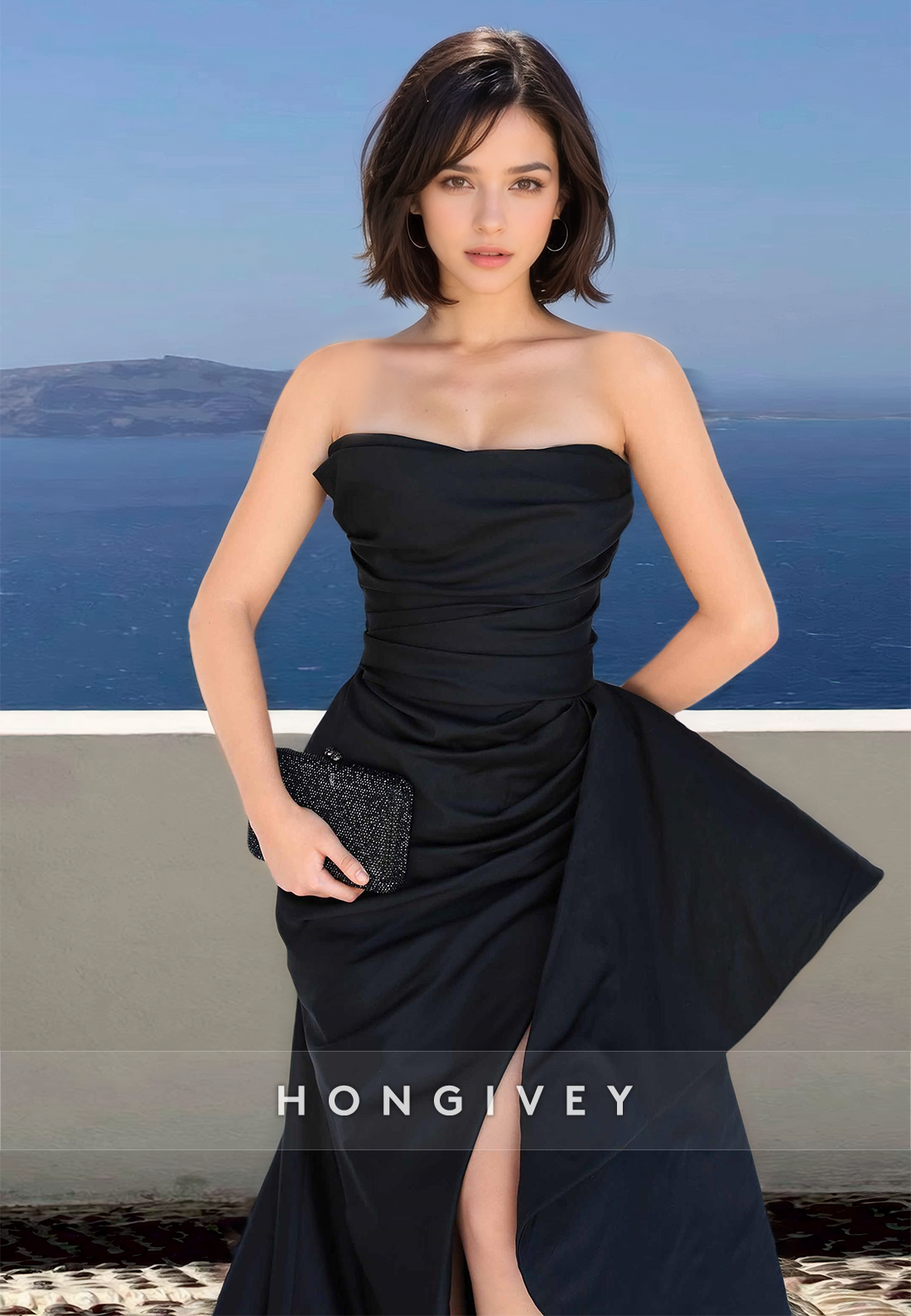 Black Strapless Evening Dress Asymmetrical Slit A-Line Formal Gown HONGIVEY