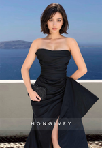 Black Strapless Evening Dress Asymmetrical Slit A-Line Formal Gown HONGIVEY