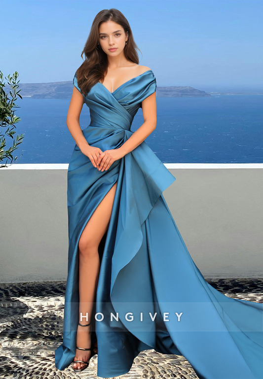 Blue Ruched V-Neck Asymmetrical Satin with Train Formal Evening Dress Gown HONGIVEY