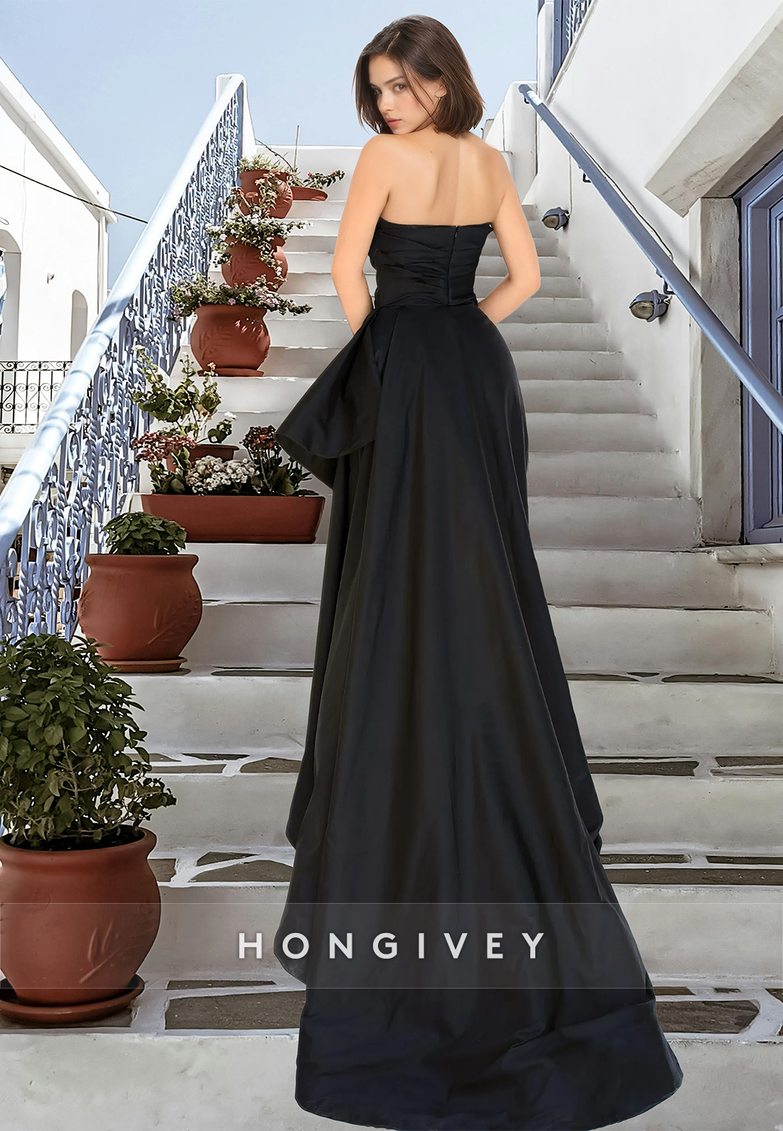 Black Strapless Evening Dress Asymmetrical Slit A-Line Formal Gown HONGIVEY