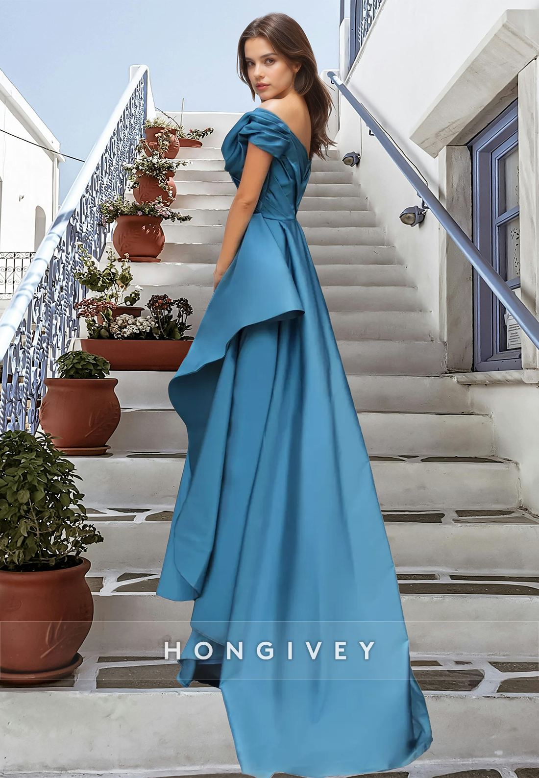 Blue Ruched V-Neck Asymmetrical Satin with Train Formal Evening Dress Gown HONGIVEY