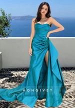 Black Strapless Evening Dress Asymmetrical Slit A-Line Formal Gown HONGIVEY