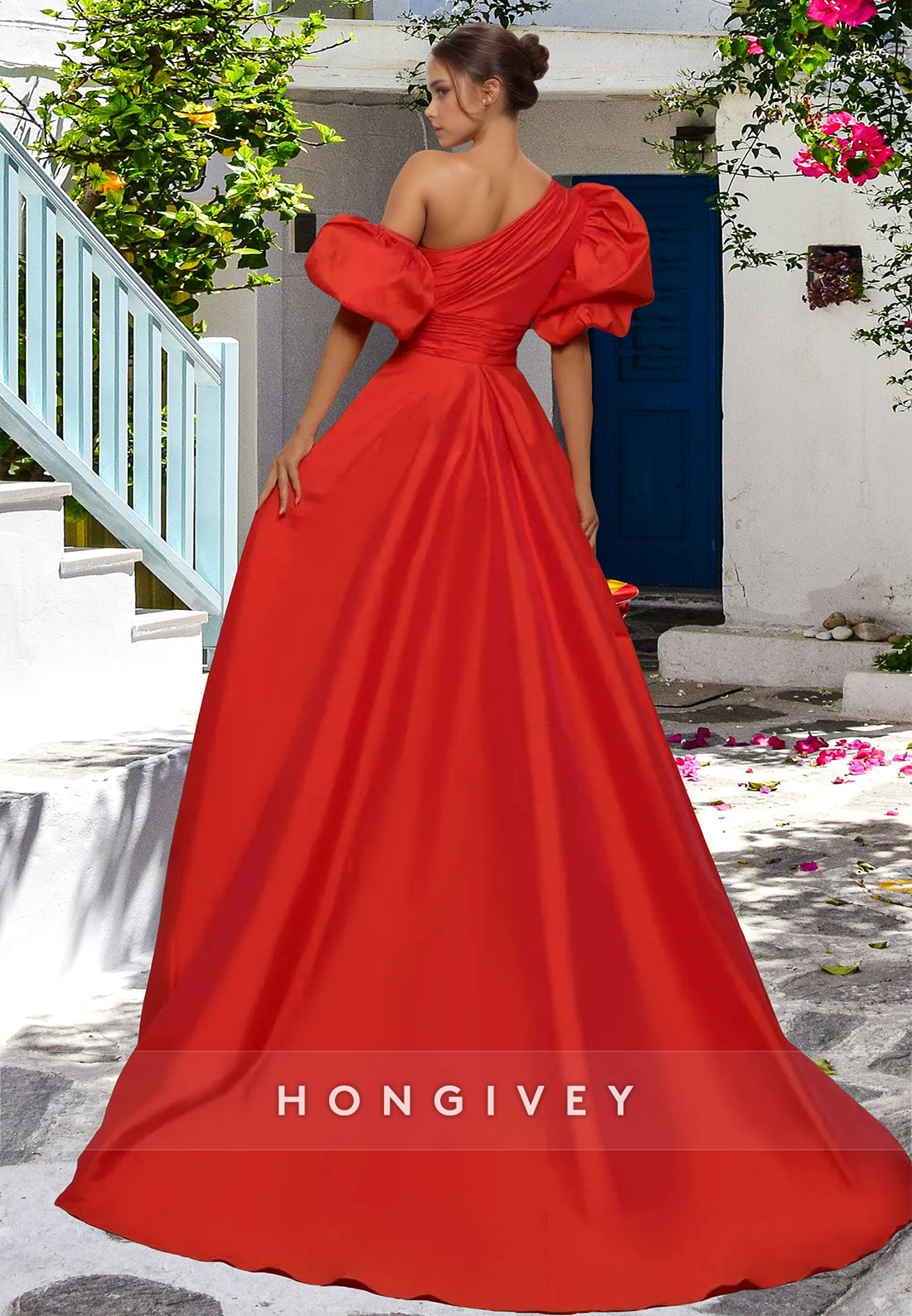 Chic Red Asymmetrical A-Line Satin Evening Dress Prom Gown Ball Gown