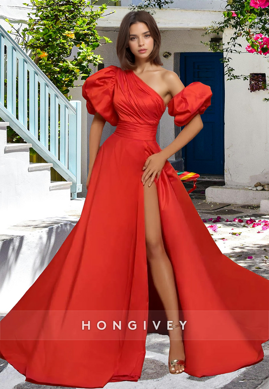 Chic Red Asymmetrical A-Line Satin Evening Dress Prom Gown Ball Gown