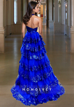 Blue Tiered Prom Dress Sparkle Floral Straps A-Line Formal Ball Gown HONGIVEY