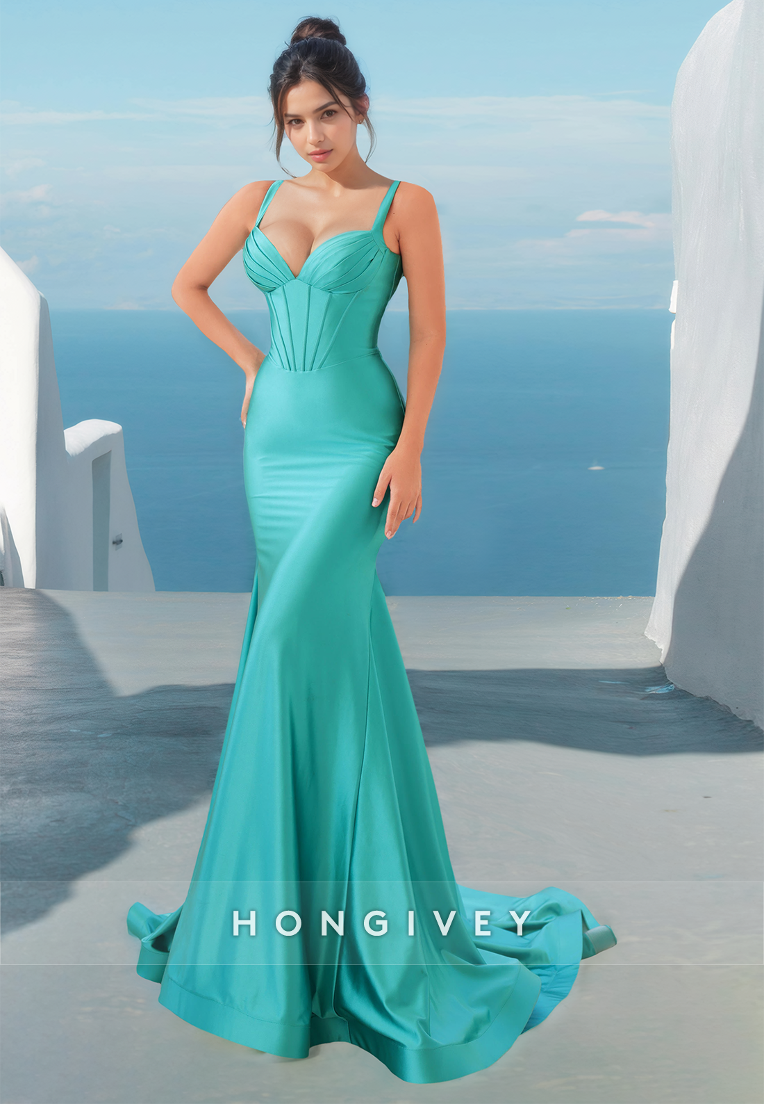 Sexy Spaghetti Straps Trumpet Satin Formal Evening Dress Gown HONGIVEY