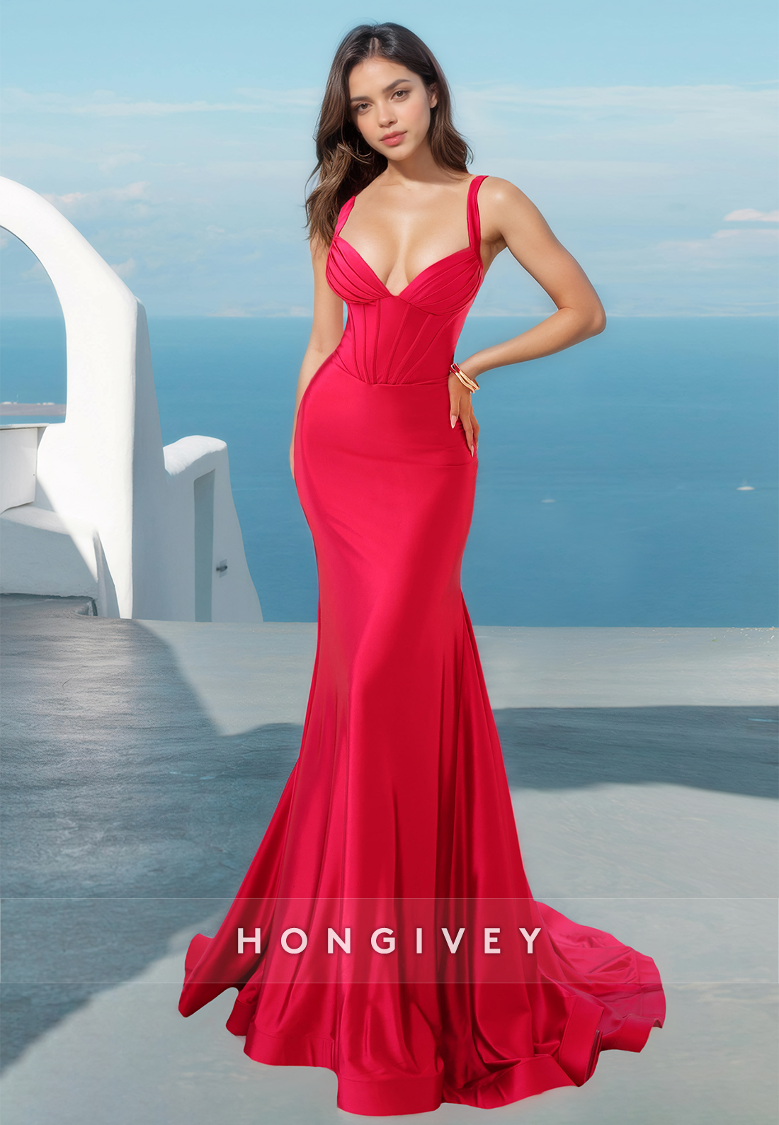 Sexy Spaghetti Straps Trumpet Satin Formal Evening Dress Gown HONGIVEY