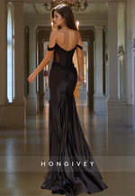 Black Formal Applique Off-Shoulder Trumpet Satin Party Evening Dress HONGIVEY