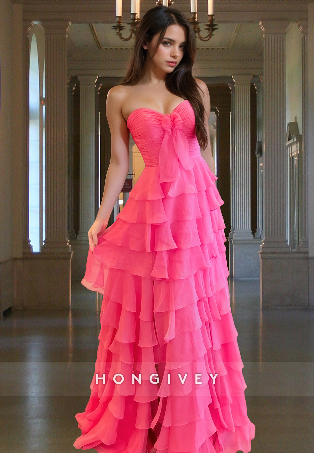 Sweetheart Strapless Tiered Ruched Formal Party Prom Dress Ball Gown HONGIVEY