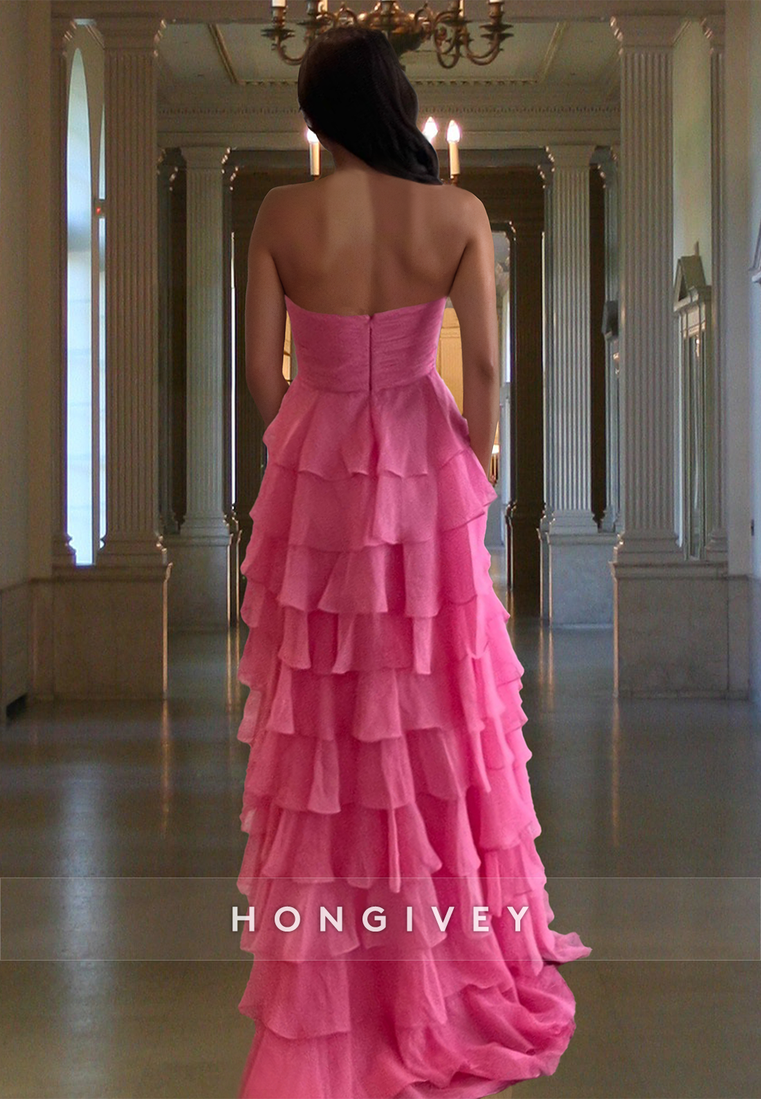 Sweetheart Strapless Tiered Ruched Formal Party Prom Dress Ball Gown HONGIVEY