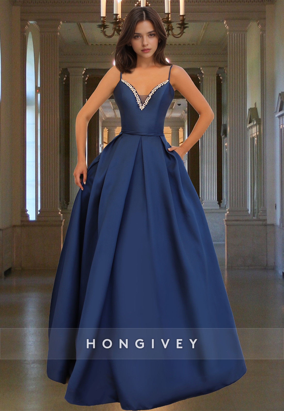 Chic A-Line Spaghetti Straps Dark Navy Prom Dress Ball Gown HONGIVEY