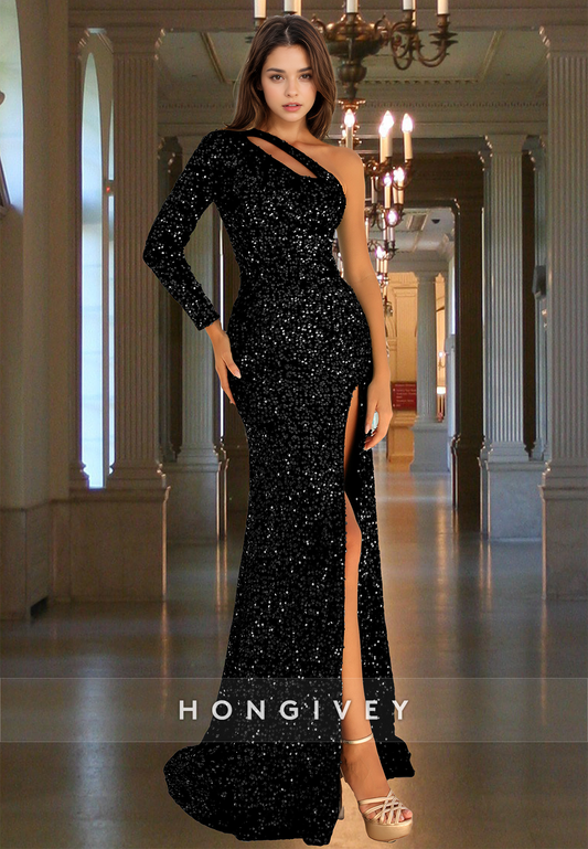 Sexy Sequined One Shoulder Slit Trumpet Formal Evening Dress Party Gown