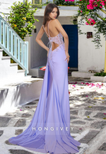 Sexy Spaghetti Straps Applique with Slit Satin Formal Evening Dress Gown HONGIVEY