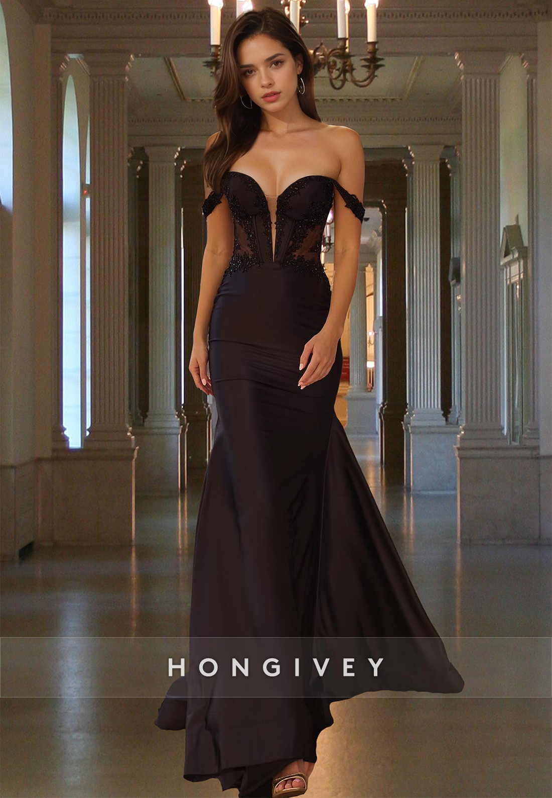 Black Formal Applique Off-Shoulder Trumpet Satin Party Evening Dress HONGIVEY