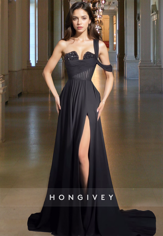 One Shoulder A-Line Slit Ruche Formal Evening Dress Prom Gown HONGIVEY