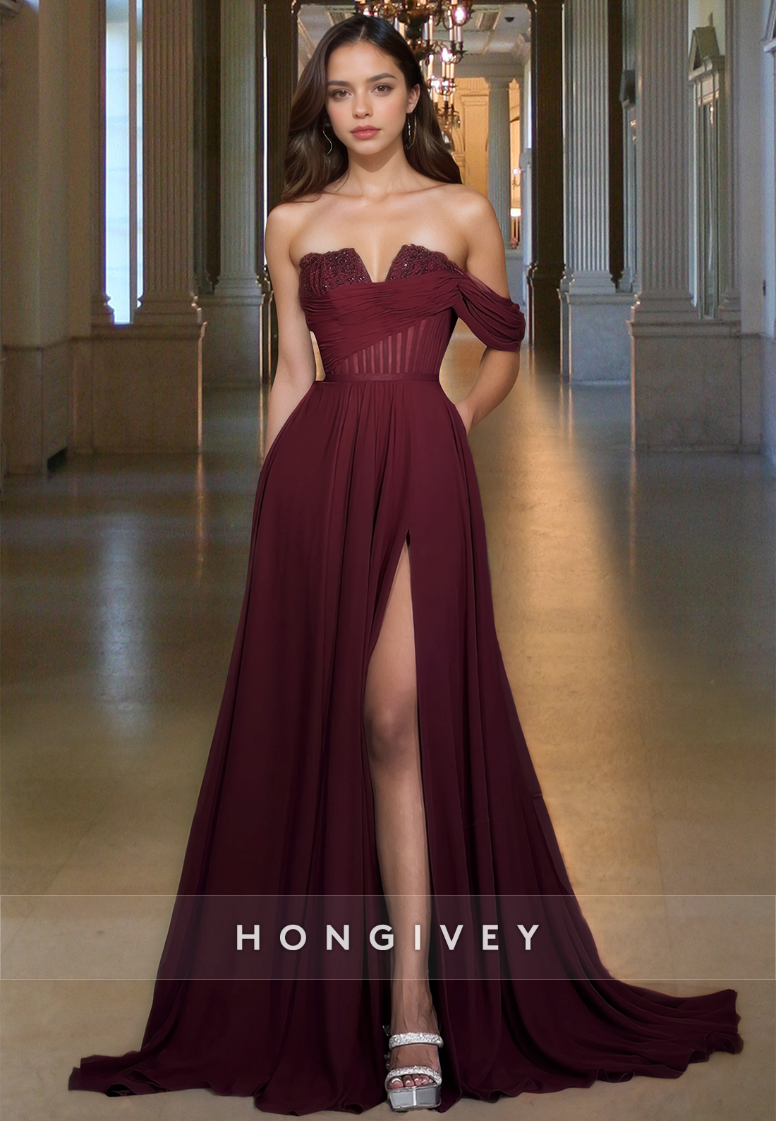 One Shoulder A-Line Slit Ruche Formal Evening Dress Prom Gown HONGIVEY