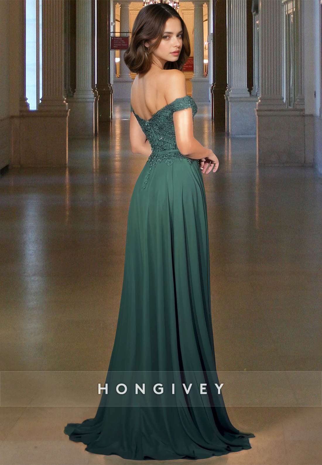 Green Off-Shoulder Applique Beaded A-Line with Slit Formal Evening Dress Prom Gown