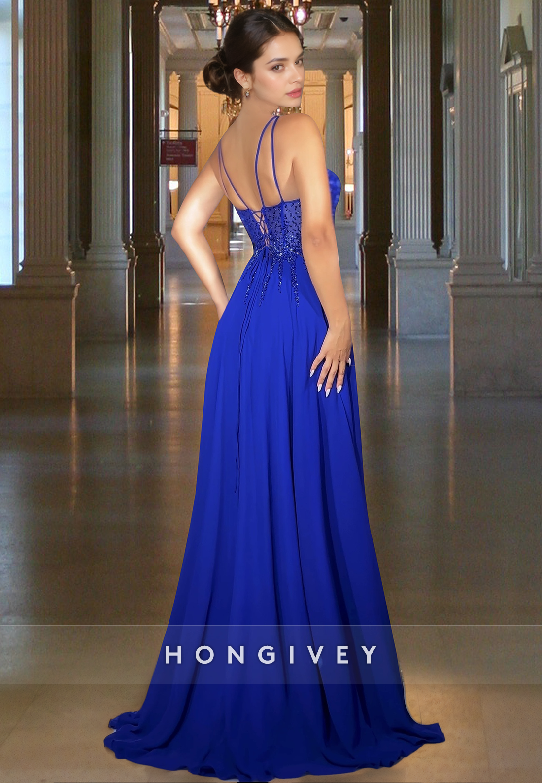 Spaghetti Straps A-Line Royal Blue Formal Evening Dress Prom Gown HONGIVEY