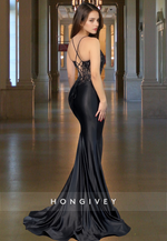 Sexy Black Sheer Empire Mermaid Evening Dress Straps V-Neck Formal Gown