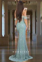 Sexy Empire Off-Shoulder Evening Dress Sparkle Beaded Formal Gown HONGIVEY