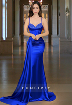 Royal Blue Satin Straps with Train Trumpet Formal Evening Dress HONGIVEY