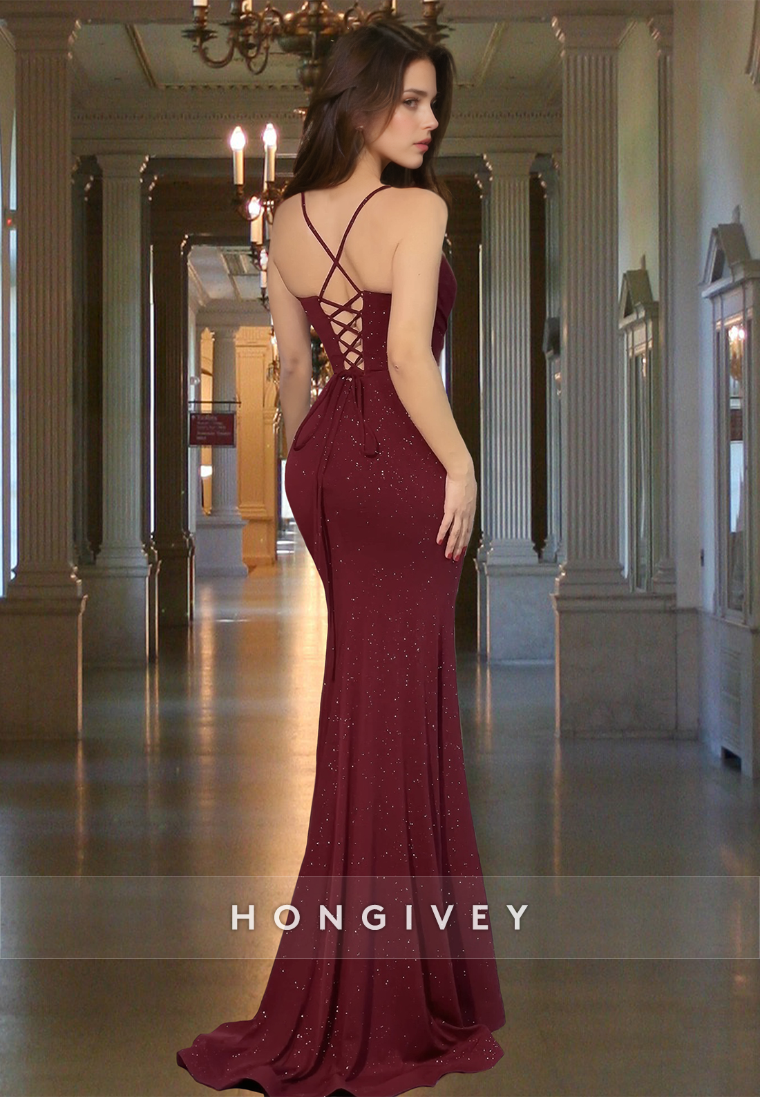 Sexy Dark Red Empire with Slit Straps Evening Dress Party Gown HONGIVEY