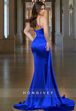 Royal Blue Satin Straps with Train Trumpet Formal Evening Dress HONGIVEY