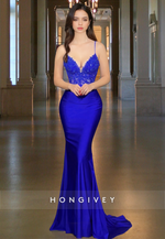 Sexy Blue Open Back Applique Straps Trumpet Formal Evening Dress HONGIVEY