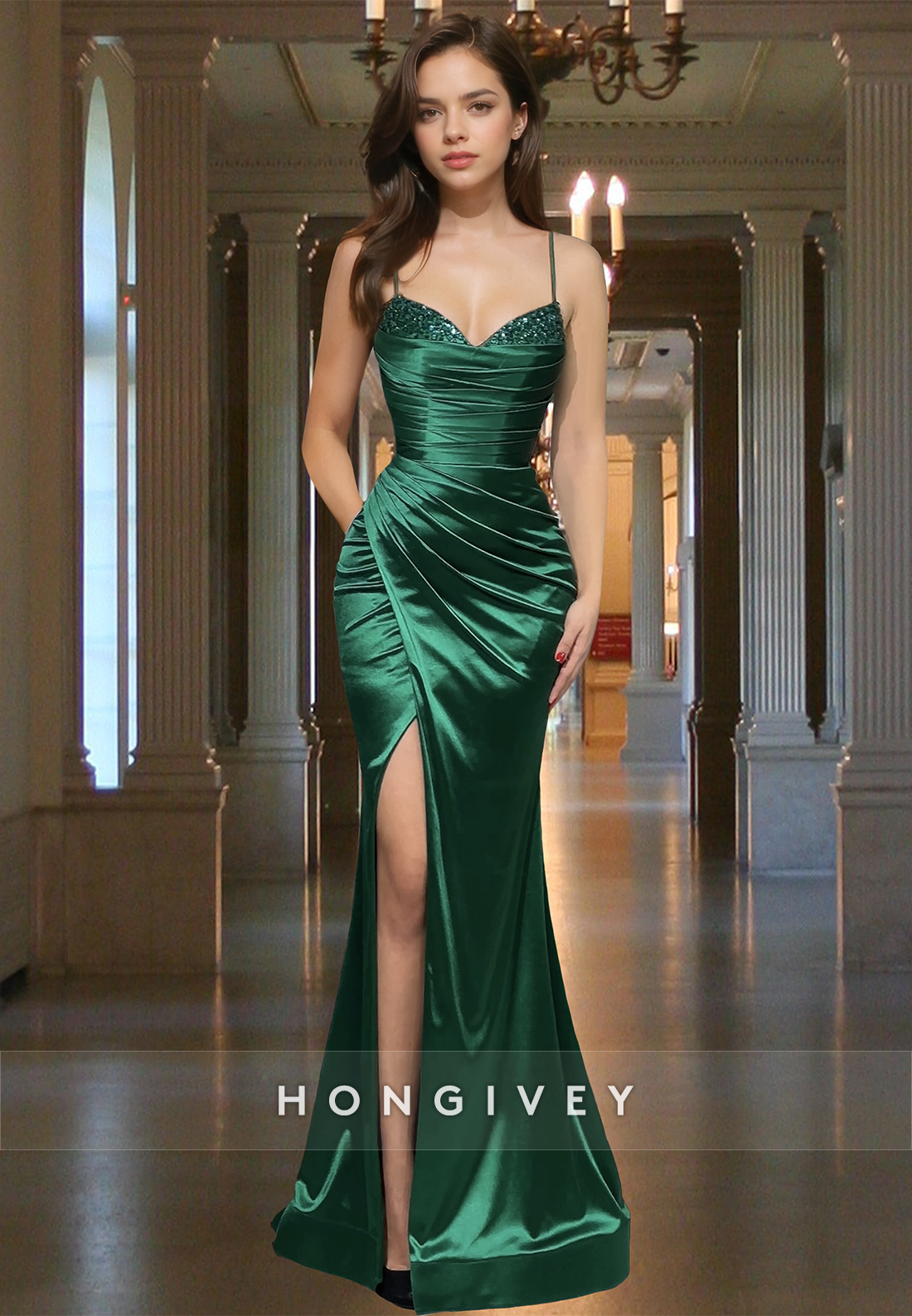 Sexy Dark Green Ruched Trumpet Satin Floor-Length Formal Evening Dress