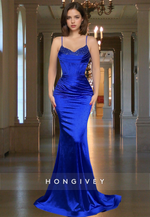 Glitter Blue Ruched Trumpet Satin Formal Evening Dress Gown HONGIVEY