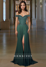 Green Off-Shoulder Applique Beaded A-Line with Slit Formal Evening Dress Prom Gown