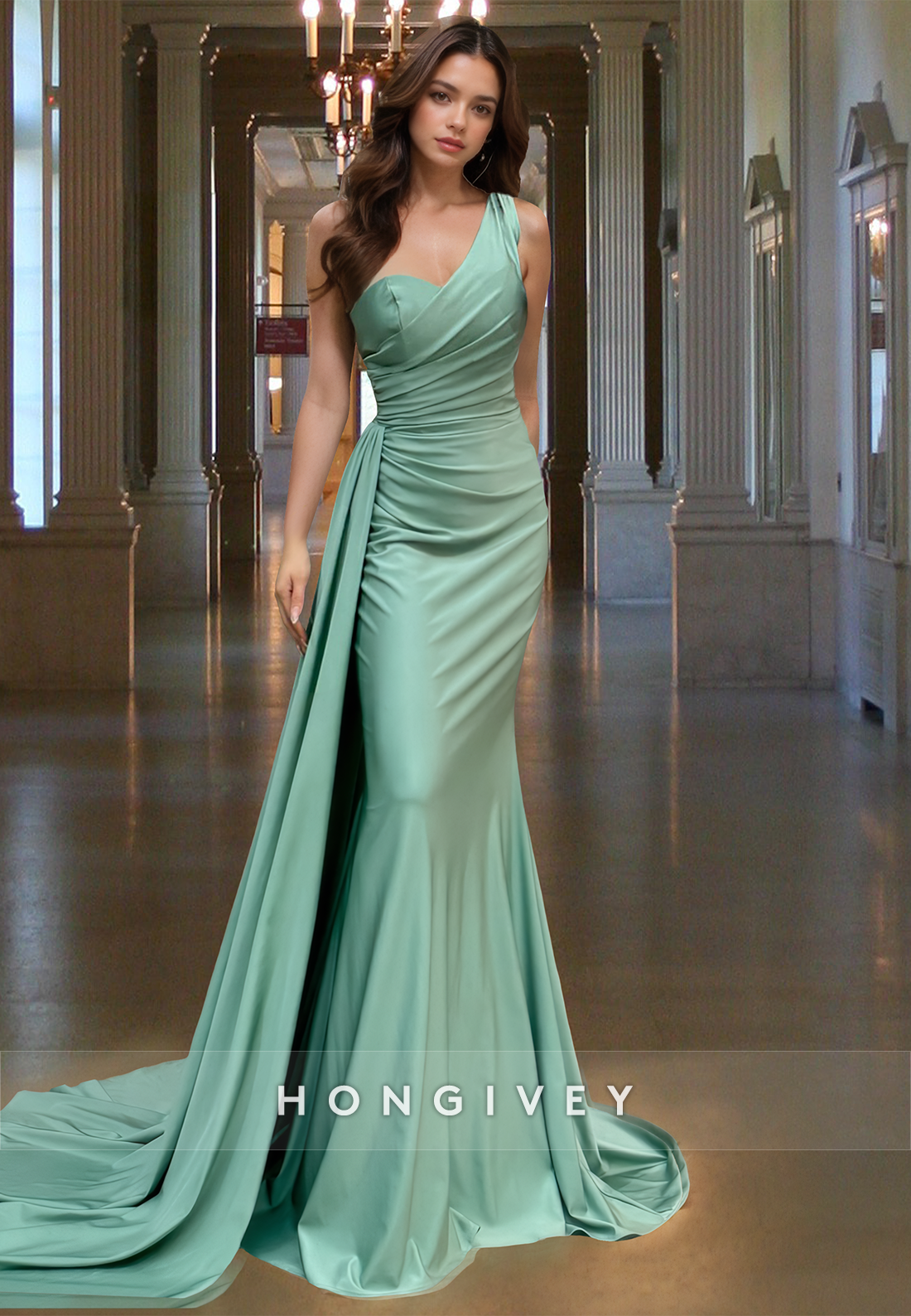 One Shoulder Ruched with Train Long Formal Gown Evening Dress HONGIVEY