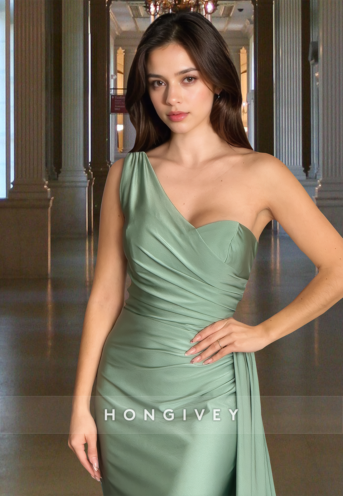 One Shoulder Ruched with Train Long Formal Gown Evening Dress HONGIVEY