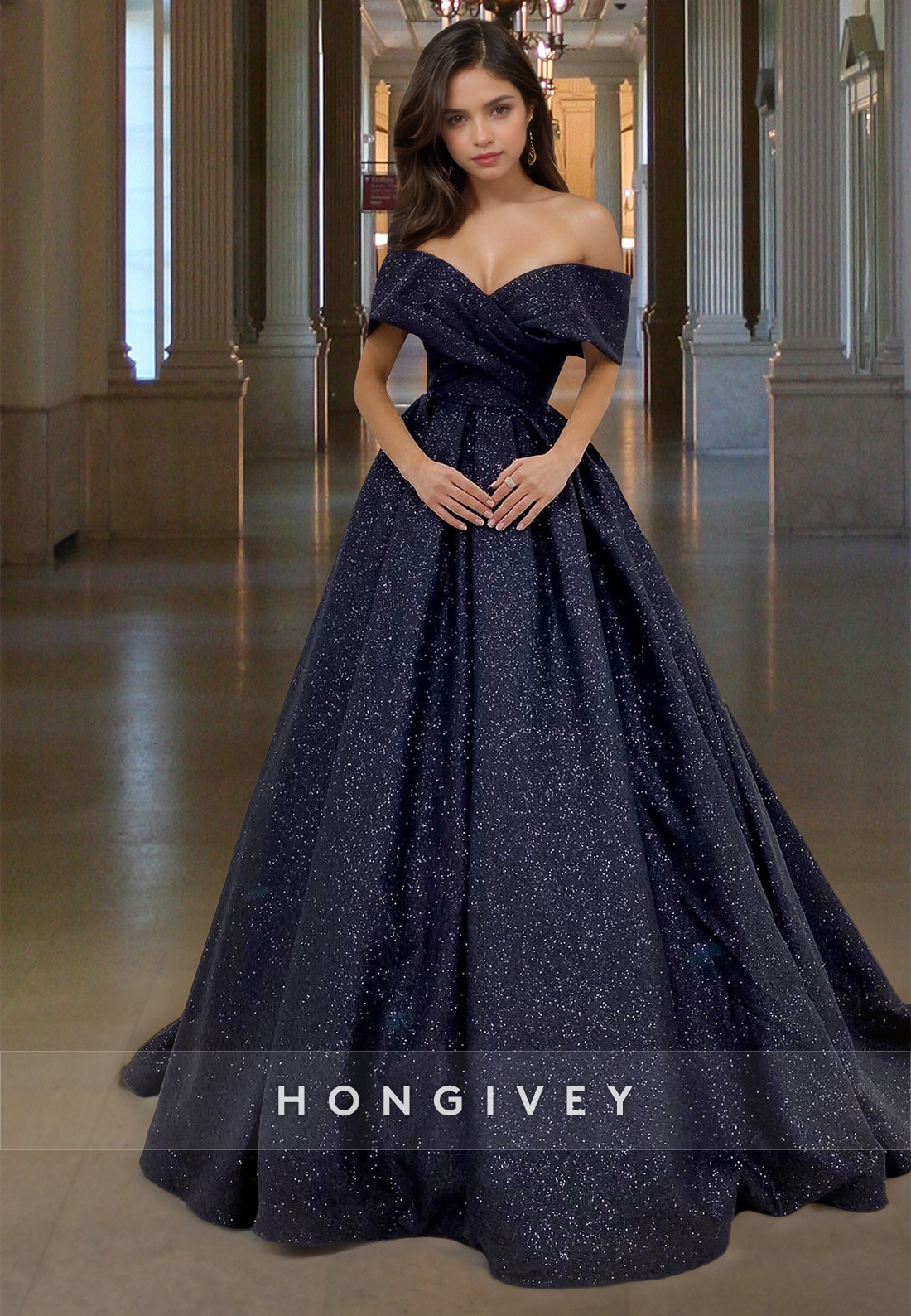 Elegant Sparkle A-Line Off-Shoulder Prom Dress Ball Gown HONGIVEY