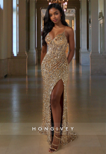 Sexy Gold Sequined Spaghetti Straps Evening Dress Party Gown HONGIVEY