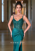 Sexy Green Applique Spaghetti Straps with Slit Evening Dress Formal Gown